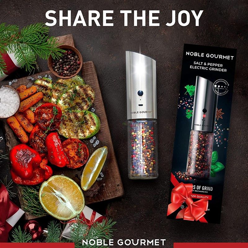 NOBLE GOURMET Electric Salt & Pepper Grinder Set - Adjustable Coarseness -  USB Rechargeable Battery - Refillable - Automatic Operation 