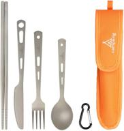 🏕️ titanium camping utility cutlery set - 4pcs knife fork spoon chopsticks, ultra lightweight, ti portable set with carabiner clip & case - ideal for home use, travel, picnic, hiking logo