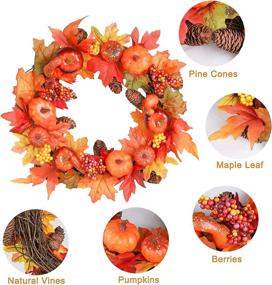 img 3 attached to 🍂 18-inch Fall Wreath for Front Door: Harvest Autumn Pumpkin Thanksgiving Décor with Wood Hanging Sign – Pumpkins, Pinecones, Berries – Indoor Outdoor Home Decoration