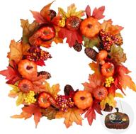 🍂 18-inch fall wreath for front door: harvest autumn pumpkin thanksgiving décor with wood hanging sign – pumpkins, pinecones, berries – indoor outdoor home decoration логотип