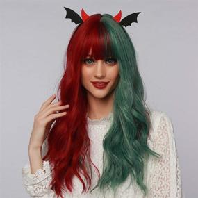 img 3 attached to Huasea 22 Inch Half Red Half Green Wig for Women with Bangs - Long Wavy Heat Resistant Synthetic Wig for Halloween Cosplay Party Use