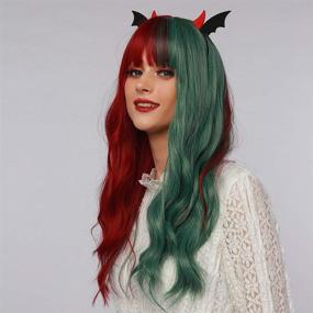 img 2 attached to Huasea 22 Inch Half Red Half Green Wig for Women with Bangs - Long Wavy Heat Resistant Synthetic Wig for Halloween Cosplay Party Use