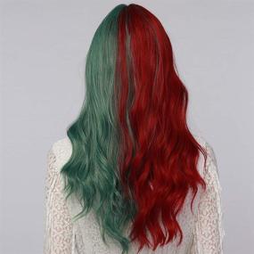 img 1 attached to Huasea 22 Inch Half Red Half Green Wig for Women with Bangs - Long Wavy Heat Resistant Synthetic Wig for Halloween Cosplay Party Use