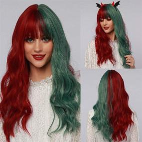 img 4 attached to Huasea 22 Inch Half Red Half Green Wig for Women with Bangs - Long Wavy Heat Resistant Synthetic Wig for Halloween Cosplay Party Use