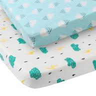 🛏️ pack n play sheet 2-pack for playard mattress - 100% jersey cotton, ultra soft & stretchy portable mini crib sheets for baby, clouds raindrops prints in green and white logo