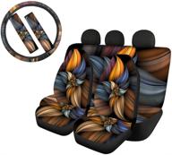 🌸 abstract brown floral steering wheel cover 15.5 inch + seat belt cushion shoulder strap + split bench protector rear seat cover + front seat cover universal fit auto interior accessories by wellflyhom logo