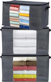 img 4 attached to 🛏️ 90L Grey Foldable Closet Organizers with Reinforced Strap Handles - Large Capacity Storage Bag for Comforters, Blankets, and Bedding - 3 Pack with Clear Window