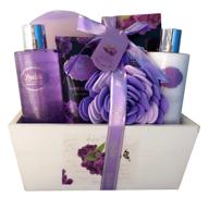 lovestee spa gift basket - indulge in relaxation with lavender fragrance and lilac color - bath and body gift set includes shower gel, body lotion, hand lotion, bath salt, flower bath-body sponge, and eva sponge logo