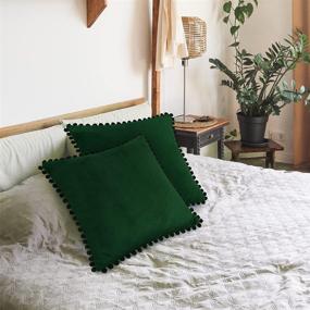 img 3 attached to 🍀 PAVILIA Emerald Green Throw Pillow Covers, 18x18, Set of 2, Pom Pom, Decorative Velvet Cushion Covers for Sofa Couch Bed, Forest Dark Green Fleece Accent Pillow Case Pompom: A Luxurious Touch of Green Elegance for Your Home