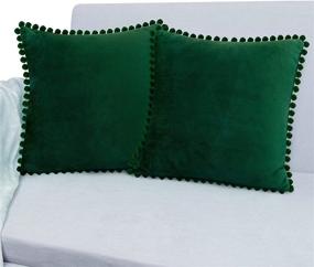 img 4 attached to 🍀 PAVILIA Emerald Green Throw Pillow Covers, 18x18, Set of 2, Pom Pom, Decorative Velvet Cushion Covers for Sofa Couch Bed, Forest Dark Green Fleece Accent Pillow Case Pompom: A Luxurious Touch of Green Elegance for Your Home