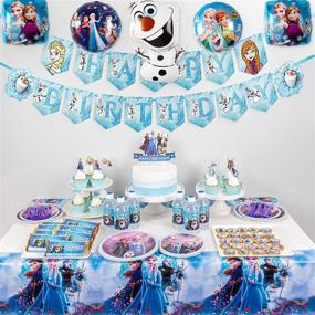 img 4 attached to 🎉 Набор декораций для вечеринки Frozen 2 - 128 шт.: Полный набор для дня рождения на тему Frozen 2 для 10 детей, включая праздничное баннер, скатерть, тарелки, столовые приборы, топперы для торта и кексов, шоколадные наклейки, наклейки на бутылки, фольгированные воздушные шары.