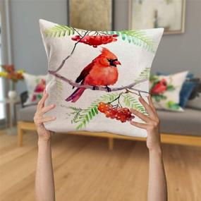 img 2 attached to 🐦 Asamour 4-Pack Watercolor Oil Painting Red Bird Cardinal Cushion Cover - Cardinal Sitting on Branch, Green Leaves Decor - 18x18 Inches Square Pillowcase for Sofa Couch - Cotton Linen Throw Pillow Case for Enhanced Décor