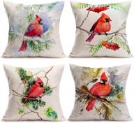 🐦 asamour 4-pack watercolor oil painting red bird cardinal cushion cover - cardinal sitting on branch, green leaves decor - 18x18 inches square pillowcase for sofa couch - cotton linen throw pillow case for enhanced décor логотип