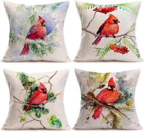 img 4 attached to 🐦 Asamour 4-Pack Watercolor Oil Painting Red Bird Cardinal Cushion Cover - Cardinal Sitting on Branch, Green Leaves Decor - 18x18 Inches Square Pillowcase for Sofa Couch - Cotton Linen Throw Pillow Case for Enhanced Décor