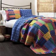 🛏️ lush decor misha quilt: patchwork bohemian reversible print pattern 3-piece bedding set - king size in fuschia and blue logo