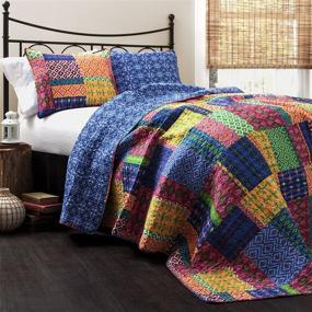 img 4 attached to 🛏️ Lush Decor Misha Quilt: Patchwork Bohemian Reversible Print Pattern 3-Piece Bedding Set - King Size in Fuschia and Blue