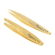 🌟 convenient and compact: tweezty tweezer set with mini slant and precision tweezers - ideal for traveling and grooming eyebrows & ingrown hair - stylish gold tweezers kit with travel case logo