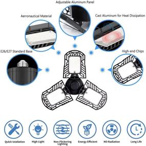 img 2 attached to 💡 100W LED Garage Lights - Deformable Ceiling Light with 3 Adjustable Panels, Ultra-Bright 10000 Lumens Trilight Lighting, E26 Base, CRI 80, 6000k Natural Light for Garage, Basement, Workshop, and More