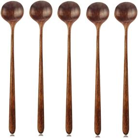 img 4 attached to 🥣 5 Pack of Wooden Long Spoons - Korean Style Soup Spoons, 10.9 Inches, 100% Natural Wood, Long Handle, Round Shape, Ideal for Soup Cooking, Mixing, Stirring, Mukbang - Premium Kitchen Tools and Utensils