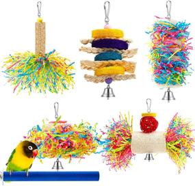 img 4 attached to 🐦 Colorful Bird Cage Toys: 6-Piece Shredder & Chewing Set with Hanging Foraging Toy, Loofah Toys, and Perch Stand for Small Parrots, Cockatiels, Conures, African Greys - Blue Paw Grinding Stick Included