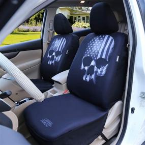 img 3 attached to 🚗 Leader Accessories Black Universal Fit Fashion Skull Flag Front Car Seat Covers Set of 2 with Airbag Compatibility