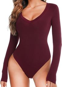 img 4 attached to VIDUSSA Women's V-Neck Long Sleeve Stretchy Bodysuit: Essential Basic Top