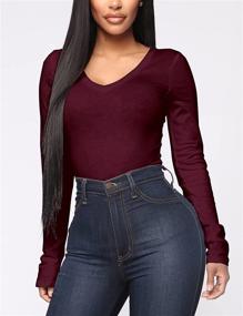 img 3 attached to VIDUSSA Women's V-Neck Long Sleeve Stretchy Bodysuit: Essential Basic Top