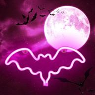 🦇 led neon bat lights - bat shape night lamp for bedroom, bar, wall decor - halloween decoration; battery operated desk table light with holder base (pink) логотип