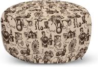 🎪 decorative circus ottoman pouf: hand drawn sketch clown magician elephant, strong man ferris wheel tent design for living room and bedroom, beige brown color with removable cover logo