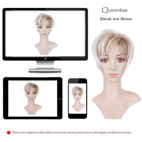 img 1 attached to 👸 QUEENTAS Pixie Layered Short Synthetic Blonde Mixed Brown Wigs for Women of all Ethnicities - Ideal for White & Black Individuals