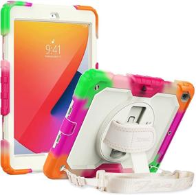 img 4 attached to SEYMAC iPad 8th/7th Gen Case: Heavy Duty Protection for Kids - Colorful Orange with Screen Protector, Handle Strap, and Kickstand