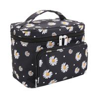 holiday fashion makeup bag for ladies - large cosmetic bag with handle, travel makeup organizer with brush holder - black daisy logo