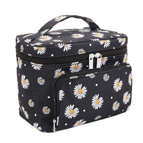 img 4 attached to Holiday Fashion Makeup Bag for Ladies - Large Cosmetic Bag with Handle, Travel Makeup Organizer with Brush Holder - Black Daisy