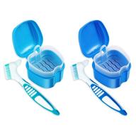 💙 удобный набор для ухода за зубными протезами: 4 шт. стаканов для протезов с корзинкой и щеткой для поездок, чистки и ночного замачивания - синий/зеленый. логотип