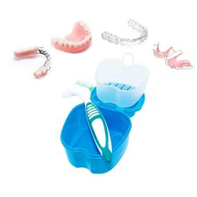 img 3 attached to 💙 Convenient Denture Care Set: 4 Pcs Denture Cups with Strainer Basket & Brush for Travel, Cleaning, and Overnight Soaking - Sort Blue/Green