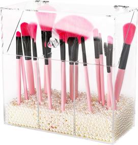 img 3 attached to 💄 MUZILAN Acrylic Makeup Brush Holder: Large Capacity Organizer with Dustproof Lid, 3 Drawers, and Pearls - Clear Vanity Storage Solution