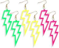 🌟 damleng neon fluorescent retro lightning earrings: stylish 80s costume neon drops for women & girls (3 pairs) logo