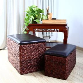 img 3 attached to 🪑 Multi-functional Eshow Ottoman Rattan with Storage: Hassocks, Footrest, Pouf, Stools, Cube Decoration, Leather Seating, Tray - 2 Piece Set in Brown