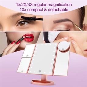 img 3 attached to Buenolife Rose Gold Trifold Makeup Mirror: 21 LED, 180° Adjustable Rotation, 4 💄 Magnification Options, Touch Screen - Perfect Vanity Mirror for Countertop Stand, Dual Power Supply