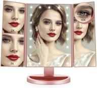 buenolife rose gold trifold makeup mirror: 21 led, 180° adjustable rotation, 4 💄 magnification options, touch screen - perfect vanity mirror for countertop stand, dual power supply logo