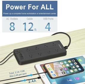 img 3 attached to Black Power Strip with USB - Soonye Surge Protector Flat Plug, 8 Wide-Spaced AC Outlets, 12ft Extension Cord, 4 Charging Ports, 1875W, 15A, 1900 Joules - Ideal Home and Office Accessories