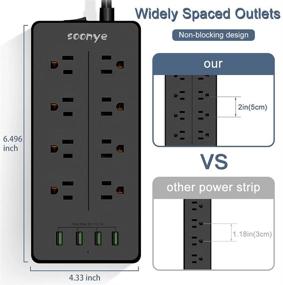 img 2 attached to Black Power Strip with USB - Soonye Surge Protector Flat Plug, 8 Wide-Spaced AC Outlets, 12ft Extension Cord, 4 Charging Ports, 1875W, 15A, 1900 Joules - Ideal Home and Office Accessories