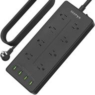 black power strip with usb - soonye surge protector flat plug, 8 wide-spaced ac outlets, 12ft extension cord, 4 charging ports, 1875w, 15a, 1900 joules - ideal home and office accessories logo