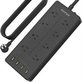 img 4 attached to Black Power Strip with USB - Soonye Surge Protector Flat Plug, 8 Wide-Spaced AC Outlets, 12ft Extension Cord, 4 Charging Ports, 1875W, 15A, 1900 Joules - Ideal Home and Office Accessories