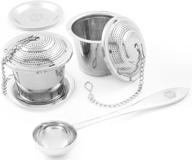 2-pack ultra fine loose leaf tea ball infuser strainer steeper with tea scoop, drip trays, and long chain handle for easy brewing of fine teas, spices, and seasonings. logo