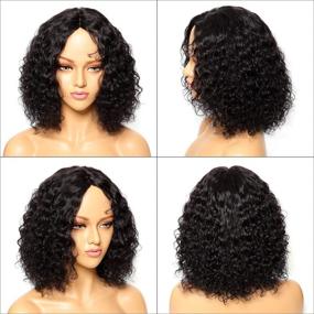 img 1 attached to 👩 150% Density Curly Human Hair Wigs for Black Women: Brazilian Gluless Wig with Middle Part Lace - Short Curly Natural Black Wig