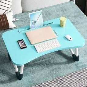 img 2 attached to Универсальный синий ноутбук столик - складной и портативный лоток для кровати или дивана для домашнего офиса, письма, игр в кровать или на диване