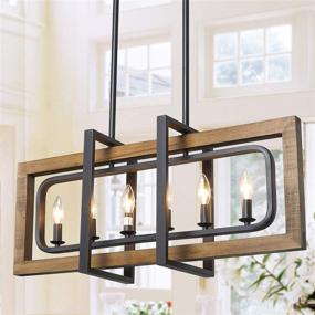 img 4 attached to 🏡 Farmhouse Chandelier Pendant Lighting for Kitchen Island – Distressed Wood and Black Metal Finish – Ceiling Hanging Fixture for Dining Room – LOG BARN