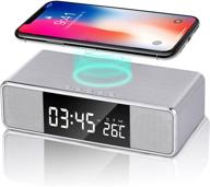 ⏰ wireless charging digital alarm clock with dual bluetooth speakers, fm radio, usb charger port, 3 alarms, dimmable led display for bedroom - silver logo