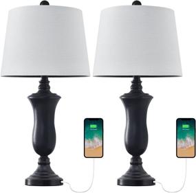 img 1 attached to 🏮 Set of 2 Black USB Table Lamps for Living Room - 25" Modern Bedside Lamps with Fabric Drum Shade for Bedroom